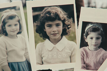 Old childhood photos scattered on a table evoke memories of innocence and nostalgia in the living room setting