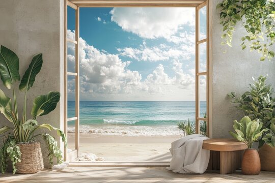 Fototapeta Serene beach view from open window with lush indoor plants