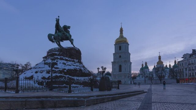 Day to Night Timelapse of St Sophia Cathedral and Bohdan Khmelnytsky Monument