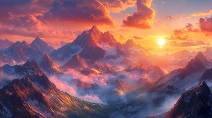 Sun rising over jagged mountains with vivid light casting on rocks and valleys, elevated perspective, crisp and vibrant wilderness vibe  