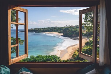 Open window view of tropical beach and ocean with clear blue sky