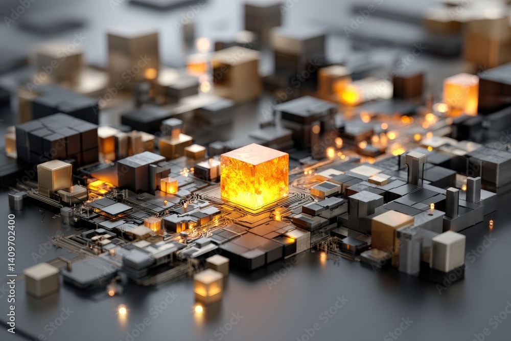Poster abstract electronic circuit with glowing elements and geometric shapes.