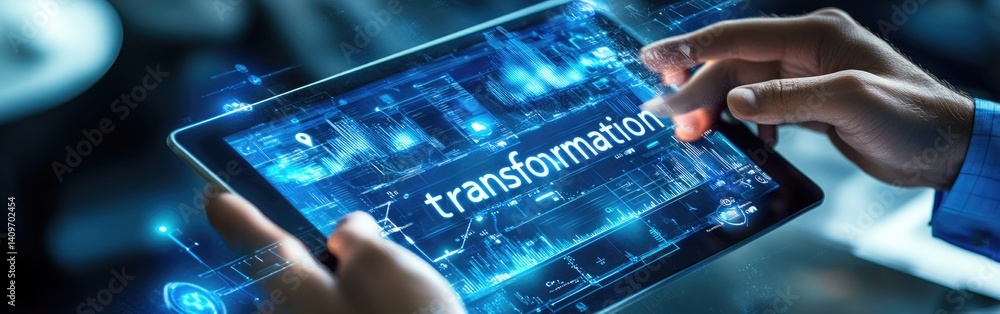 Poster person touching tablet displaying transformation on screen overlaid with data