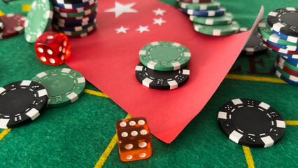 Chips from casino. Flag of China. Gambling business of People Republic of China. Games for money in PRC. Gambling in Chinese casinos. Background for China gambling industry. Casino in Beijing