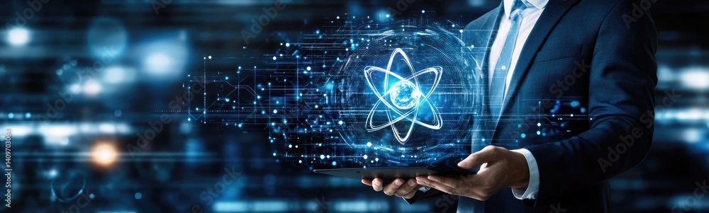 Poster professional holding tablet displaying atom with tech circuitry overlay