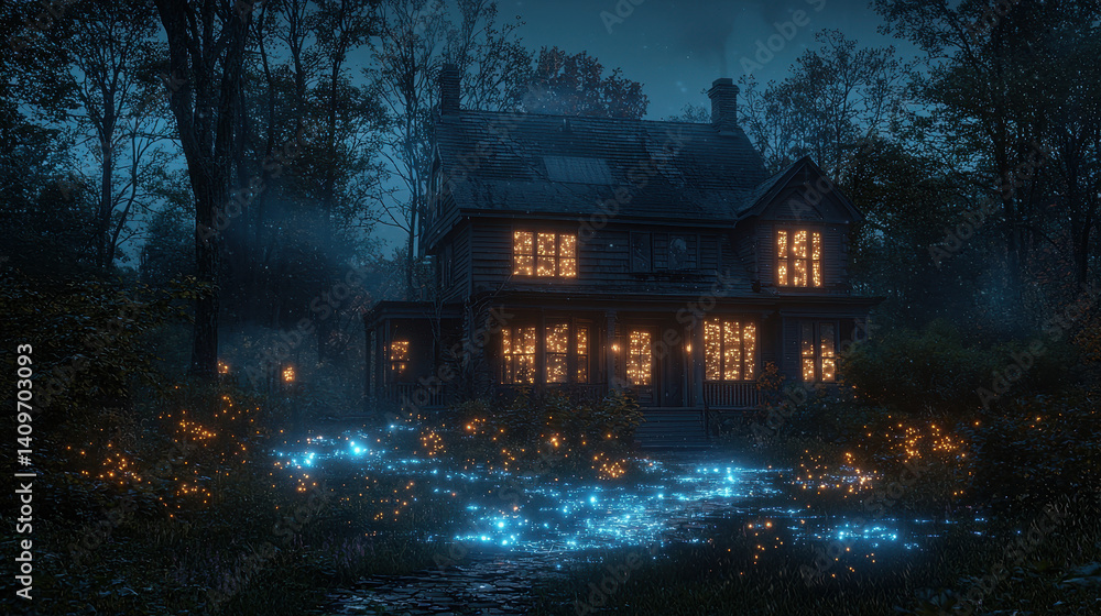 Poster household illuminated by glowing data streams as artificial intelligence systems control everyday li