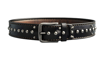 Realistic studded belt with black leather and silver rivets, transparent background