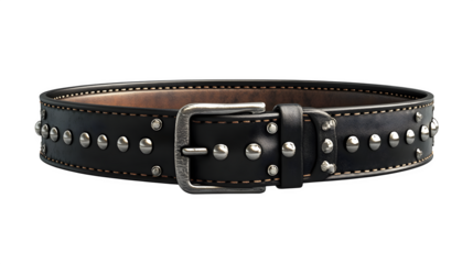Realistic studded belt with black leather and silver rivets, transparent background