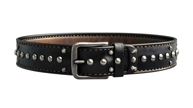Realistic studded belt with black leather and silver rivets, transparent background
