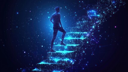 Naklejka premium Person ascending digital stairway, nebula background, progress concept