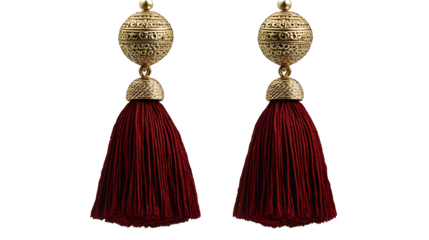 Realistic tassel earrings with deep red threads and gold tops, no background