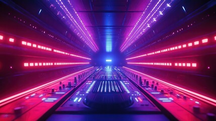Neon-lit DJ console in futuristic tunnel, vibrant background, music event
