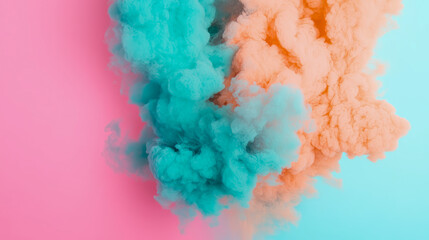 Fototapeta premium Abstract Smoke Swirl: Turquoise and Salmon Hues on a Two-Tone Pastel Field, Artistic Fluid Dynamics