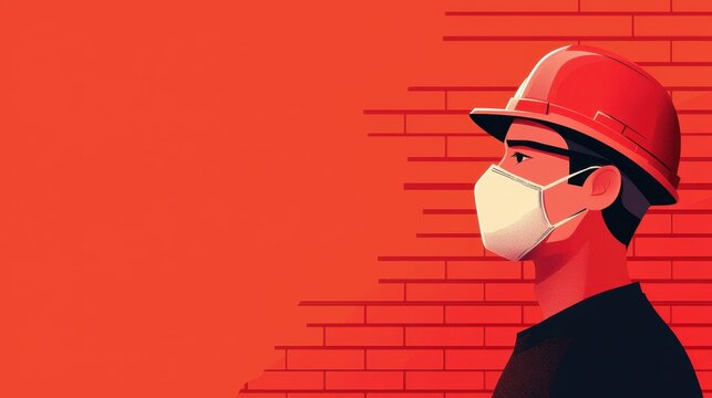 Creative Labor Day tribute featuring a red brick worker with a helmet and mask, honoring laborers and essential workers worldwide.