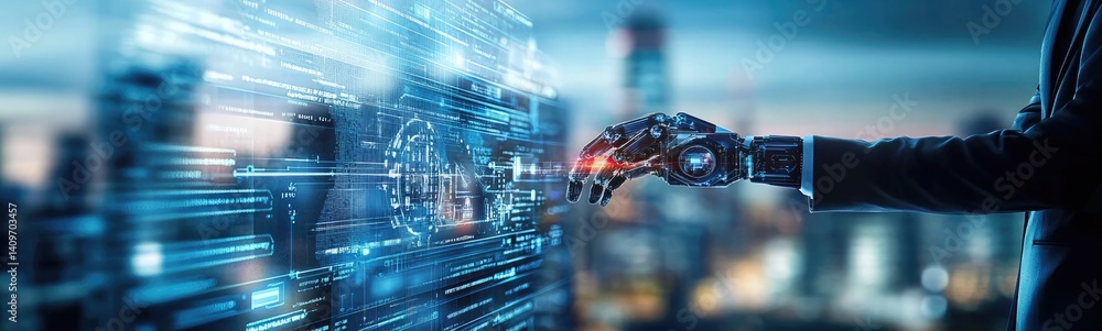 Poster robotic arm interacting with digital interface overlaying cityscape view