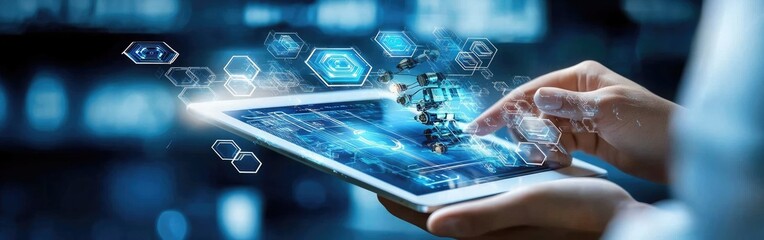 Scientist using tablet with DNA molecule interface, futuristic digital technology