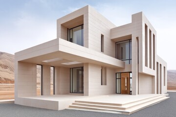 Fototapeta premium A family home in a rural desert region with camel tracks around