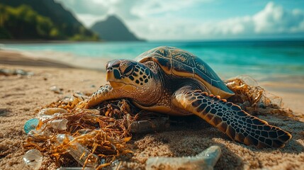 Sea Turtle on Polluted Beach