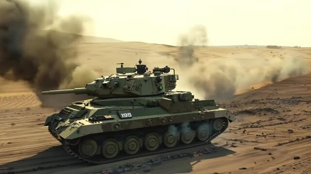 Military armored vehicle crosses minefields and smoke in the desert	