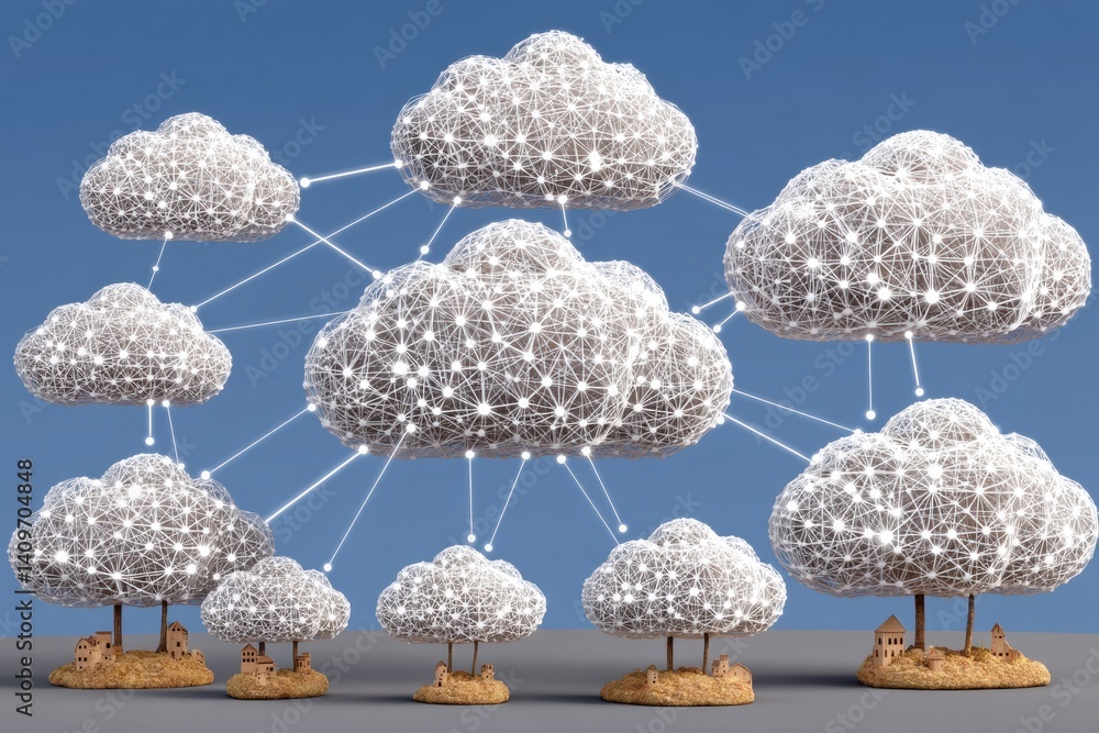 Poster artistic cloud structures interconnected in a creative design.