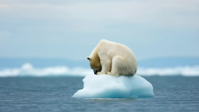 A sad polar bear on a melting small ice floe in calm arctic waters on a cloudy day