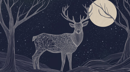 Celestial Stag – Navy & Silver Mythical Forest Art