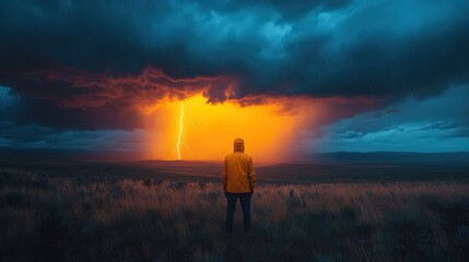 Fototapeta premium Awe-Inspiring landscape with a solitary figure facing a massive lightning storm