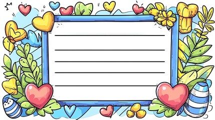 A cheerful doodle-style blank frame adorned with hearts, flowers, leaves, and eggs