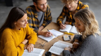 Four college students studying around a wooden table, sharing books, and working together
