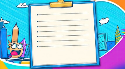 A cheerful cartoon character sits beside a lined clipboard, ready for notes or a to-do list, against a colorful backdrop of school supplies and cityscape