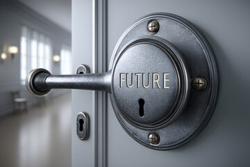 A locked door with the word &acirc;&euro;&oelig;Future&acirc;&euro; etched on it