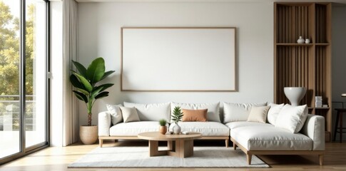 Fototapeta premium Modern home interior with empty frame display , home decor inspiration, minimalist decor