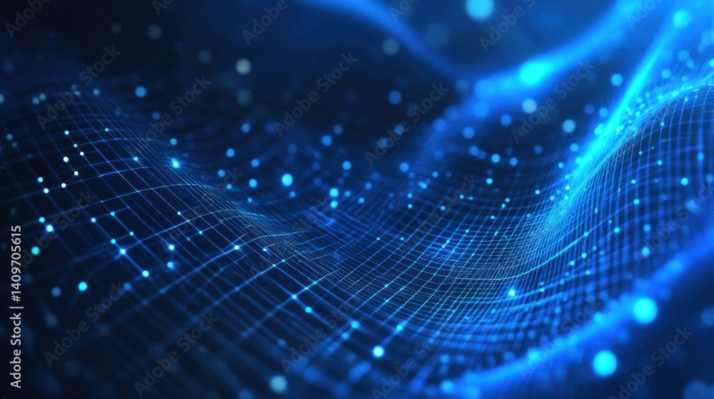 Poster abstract futuristic background featuring a dynamic wave-like surface with connected lines and glowin
