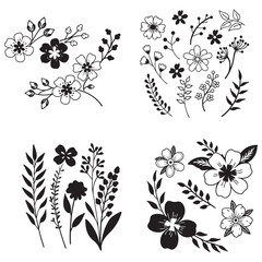 Hand drawn thin floral botanical line art. Trendy minimal elements of wild and garden plants, branches, leaves, flowers, herbs. Vector illustration for logo or tattoo, invitation, save the date card