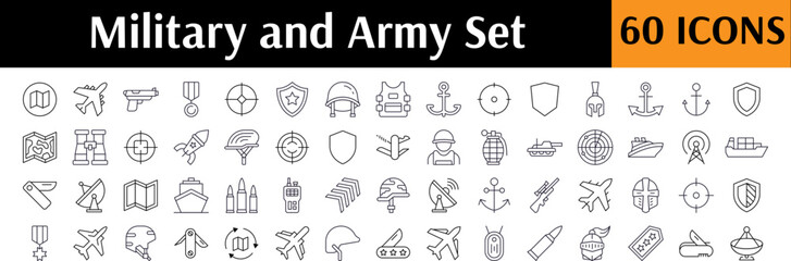 Collection of Army Related Line Icons. Military and Defense Outline Signs for Graphic and Web Design, Apps, Adverts, Various Cards