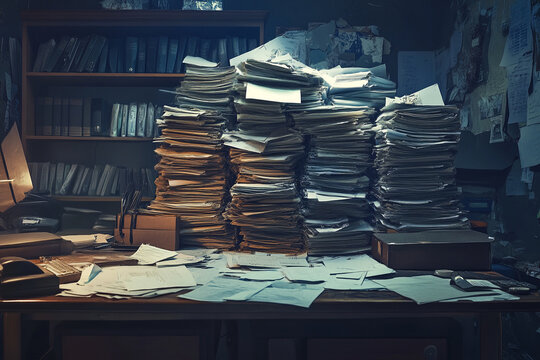 Overwhelmed by paperwork mountains of files and documents messy desk