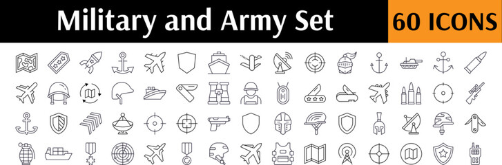 Pack of Army Related Line Icons. Military and Defense Outline Signs for Graphic and Web Design, Apps, Adverts, Various Cards © RaulAlmu
