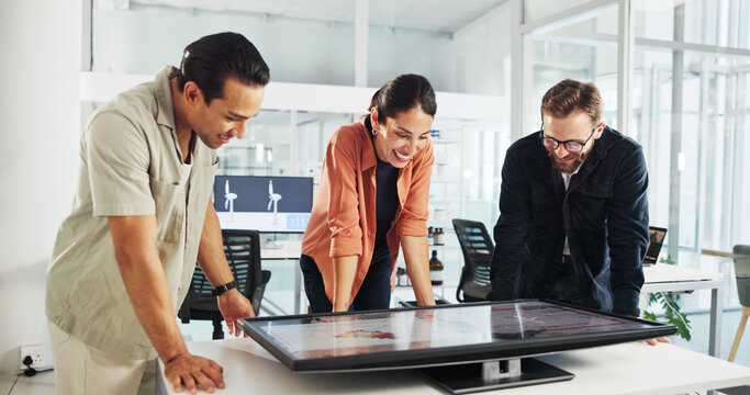 Happy, business people and meeting with interactive display for project, renewable energy or eco friendly development. Group, employees or team with smile or screen for wind turbine implementation