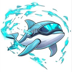 Techno Dolphin With Goggles In Aqua Energy Field Illustration on White Background