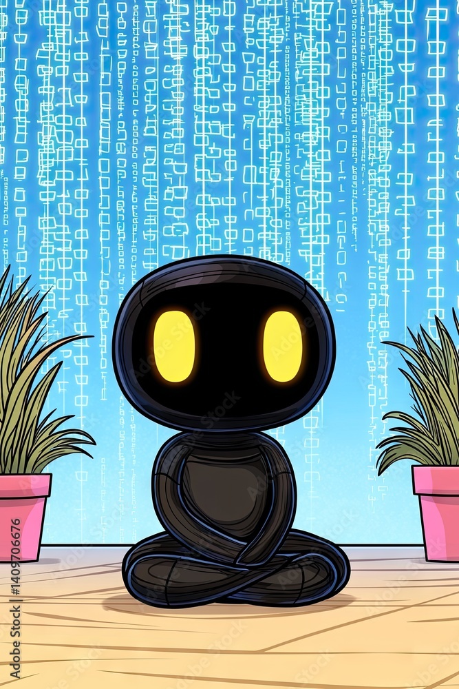 Poster a serene, dark-grey robot sits in lotus pose before a cascading digital code backdrop