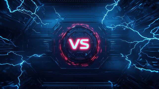 Futuristic battle screen with "VS" glowing in the center, surrounded by dynamic lightning effects. - Powered by Adobe