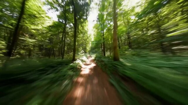 Lush forest pathway moving swiftly through dynamic green foliage  