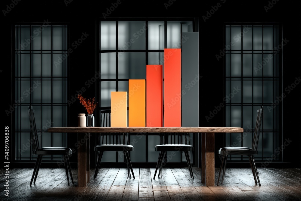 Poster modern workspace with bar chart and rustic furniture.