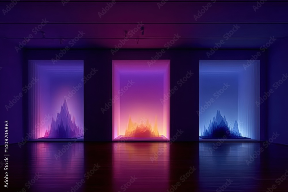 Poster illuminated abstract mountain art in three vibrant frames.