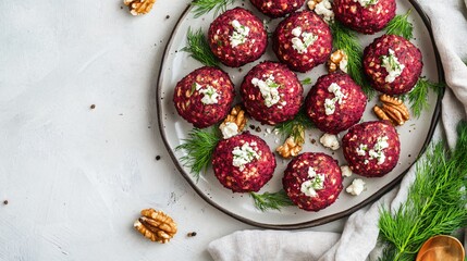 Beetroot croquettes paired with feta crumbles, walnuts, and fresh dill on neutral backdrop