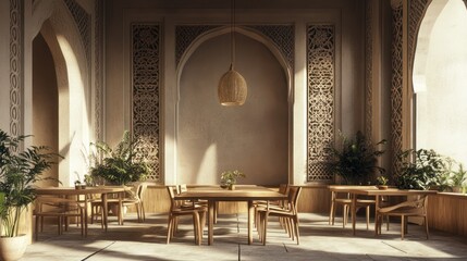 Sunlit Moroccan cafe interior, tables, chairs, plants