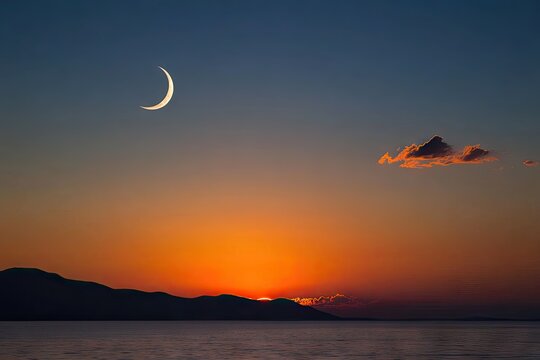 Serene sunset over calm sea, crescent moon and single cloud in twilight sky - Powered by Adobe