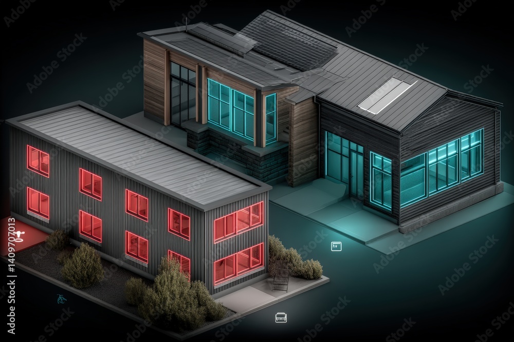 Poster modern architectural design with contrasting structures and vibrant colors.
