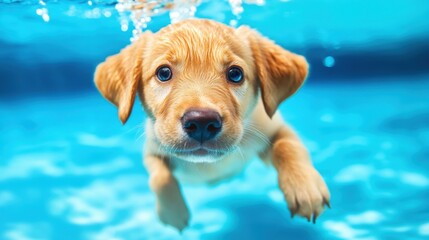 Happy golden Labrador puppy swimming and diving underwater in a bright blue pool, having fun on a hot summer day.