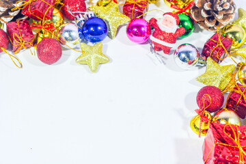 Christmas background with objects, stars, gift boxes with a red and white theme